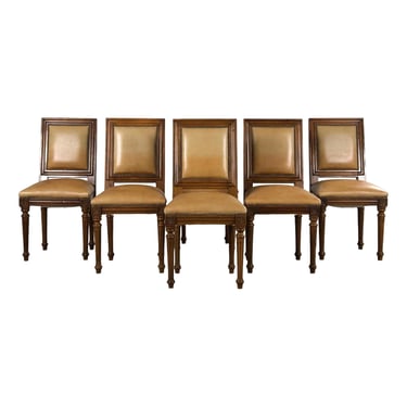 French Louis XVI Style Square Back Walnut Dining Chairs W/ Beige Leather - Set of 6 