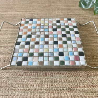 Vintage Mosaic Tile Trivet - Mosaic Tile Trivet with Metal Handles - Retro Square Trivet - Pastel Colors 