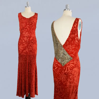 1930s Dress / 30s Burnout Velvet Gown / Sequin Back / V Back/ Art Deco Devore Velvet 