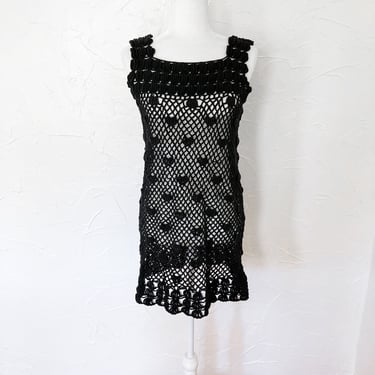 60s Gorgeous Black Crochet Knit See Through Sleeveless Handmade Dress | Small/Medium/Large 