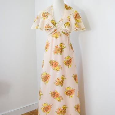 Vintage 1970s Peachy Floral Maxi Dress with Capelet Collar | XS | 70s Floor Length Chiffon Gown with Halter Neck and Low Back 