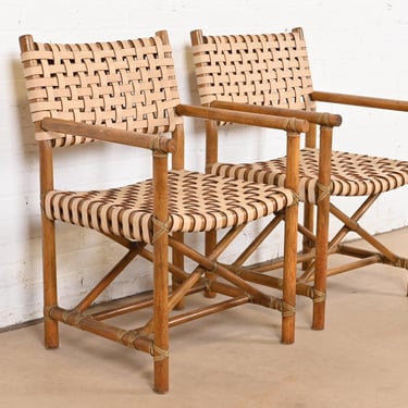 McGuire Hollywood Regency Organic Modern Bamboo and Woven Leather Club Chairs, Pair