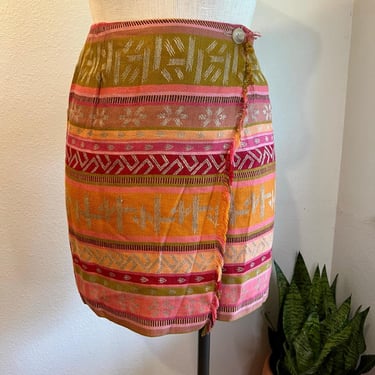 Vintage The Limited Pink Orange Linen Tapestry Fringe Trim Wrap Skirt Size Large 