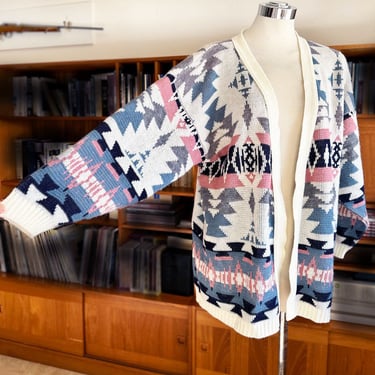 Vintage 1970s Cardigan Sweater Pink INDIAN Native American Print Hippie, Boho, 1980s Knit Jacket Southwestern 