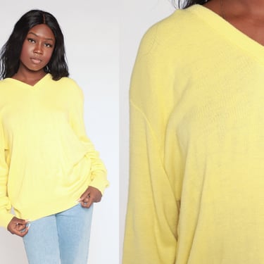Yellow Sweater 80s V Neck Sweater Plain Knit Pullover Jumper Hipster Boho Basic Normcore Retro Acrylic Vintage 1980s Extra Large xl 