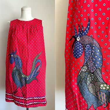 Vintage 1960s Rooster Novelty Print Shift Dress / M 