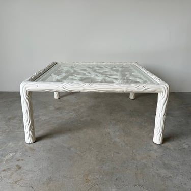 Hollywood Regency Faux Bois - Carved Wood White Lacquer Coffee Table 