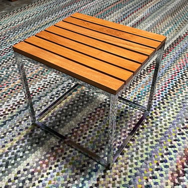 Milo Baughman Attributed DIA Endtable Stool Teak Slatted Slat Chrome Cube Vintage Mid-Century Modernist Post Modern Stylings 