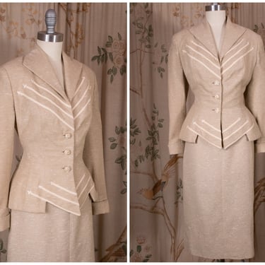 1950s Suit - Rare Vintage 50s Lilli Ann Suit in Tan and White Silk and Mohair with Raised Arrow Details 