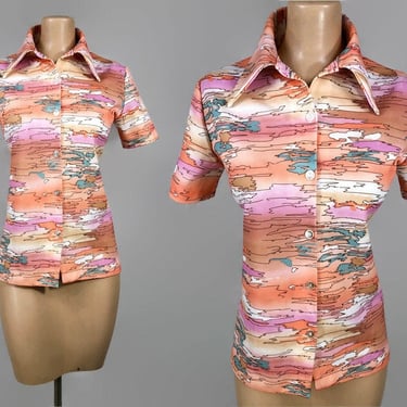 VINTAGE 70s Graphic Sunset Print Butterfly Collared Blouse | 1970s Groovy Ladies Disco Shirt size 7/8 | vfg 