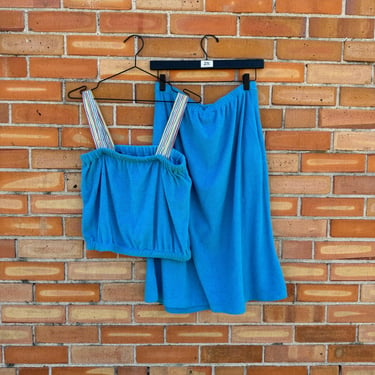 vintage 70s/80s blue velvet velour swim set / m l medium large 