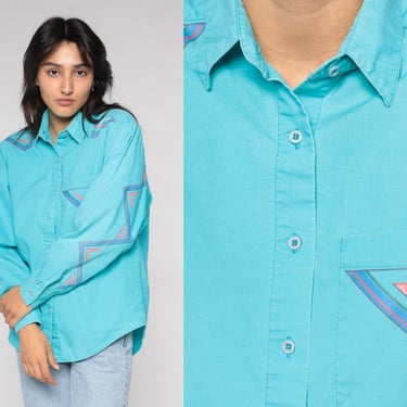 Southwestern Shirt 80s 90s Wrangler Button Up Turquoise Blue Collared Western Shirt Geometric Retro Top Rodeo Long Sleeve Vintage Medium M 
