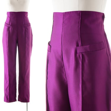 Vintage 1970s Dress Pants | 70s Satiny Purple Extra High Waisted Slim Cut Formal Dressy Disco Evening Trousers (medium) 