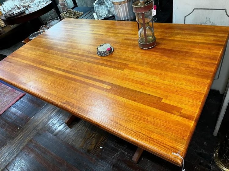 MCM butcher block table. Newly refinished, beautiful, and heavy! 60” x 36” x30” 