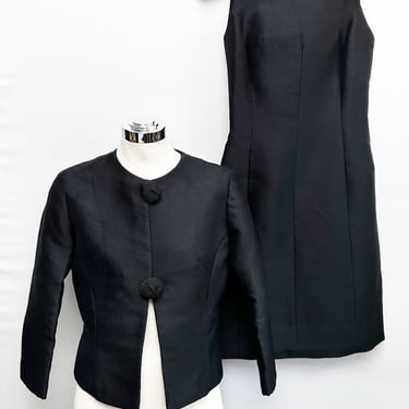 60's Black VOGUE Dress Set, Vintage Suit Jacket Shift Dress, Silk, MINT Condition, 1960's Evening Cocktail Party Suit Dress Mid Century 