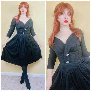 1960s Vintage Acrylic Black Knit Fit and Flare Dress / 60s / Sixties Rhinestone Button Dress / Size Medium 