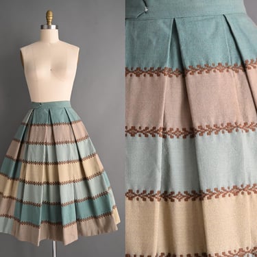 vintage 1950s Skirt | Incredible Stripe Embroidered Stripe Full Skirt Wool Winter Dress | Small 