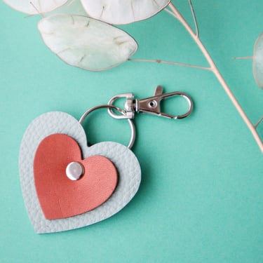 Heart Keychain in Seafoam / Coral - Made from Reclaimed Leather 