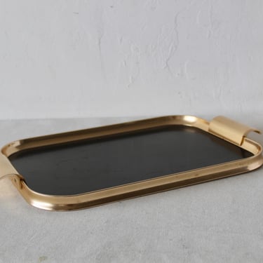 Vintage Modern English Gold Finish Black Rectangular Built in Handles Serving Tray 