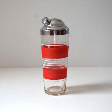 Large Vintage Glass Cocktail with Textured Red Band Graphics, Retro Barware 