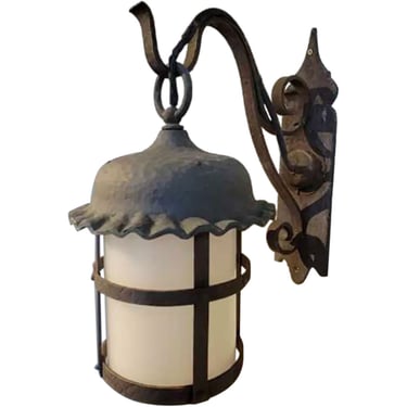 1925 Antique European Style Patinated Iron, White Cylinder White Shade Hooded Round Lantern One Light Hanging Sconce and Bracket Fixture 