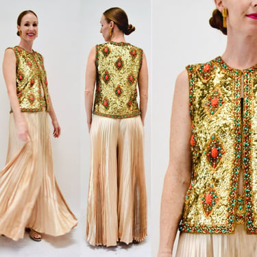 60s Gold Sequin Top and Pleated Palazzo Pants By Valentina Vintage Boho Gold Sequin Metallic Party Wedding Top Sequin Vest and Pants Medium 