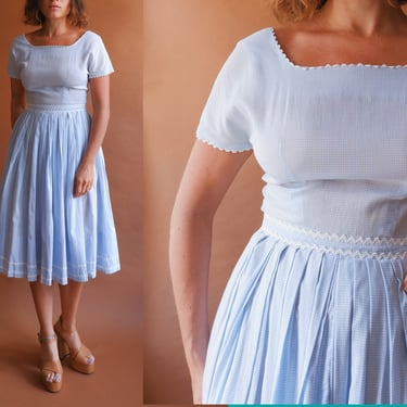 Vintage 50s Baby Blue Gingham Dress/ 1950s Short Sleeve Ric Rac Cotton Dress/ Size XS Small 24 