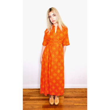 Indian Dress // vintage boho cotton sun maxi hippie hippy orange high waist empire 70s 1970s caftan kaftan // S/M 