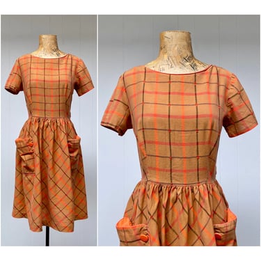 Vintage 1960s Plaid Cotton Dress, Mid-Century Fall Color Day Dress, Full Skirt w/Patch Pockets Short Sleeves, Small 36