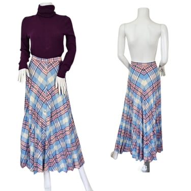 1970's Long Blue Pink Mitered Plaid Wool Blend Pleated Maxi Skirt I Sz Sm I Tami S.F. 