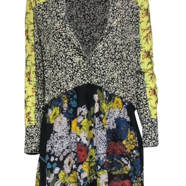 Sandro - Black & Yellow Floral Print Shift Mini Dress w/ Pleats Sz 4