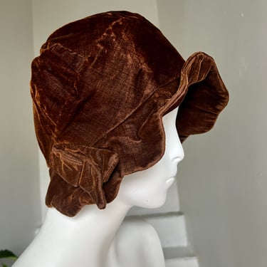 1920s Brown Velvet Cloche Hat with Bow Antique Hat Flapper Vintage 