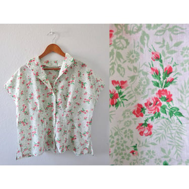 Vintage Floral Blouse - Flower Print Button Up Top - Cotton Blend - Size XL 