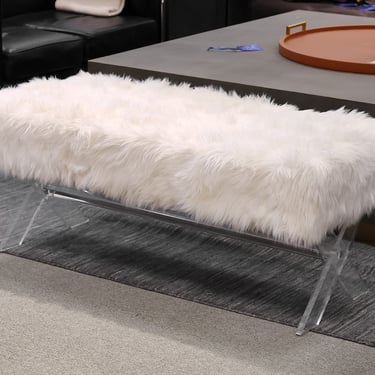 White Faux Fur Bench on Lucite X-Base Frame
