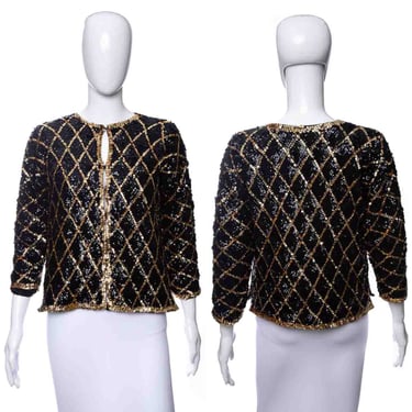 1960's Black and Gold Metallic Sequin Cardigan Size M/L