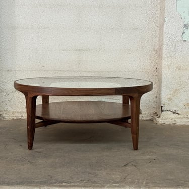 Modern Round Coffee Table with Glass Top, Coffee Table with Shelf 