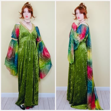 1990s Vintage Moss Green Crushed Velvet Medieval Dress / 90s Bell Sleeve Magical Rainbow Psychedelic Princess Dress / XL 