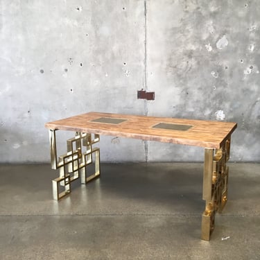 Unique 70's Brass & Wood Glass Block Console Table