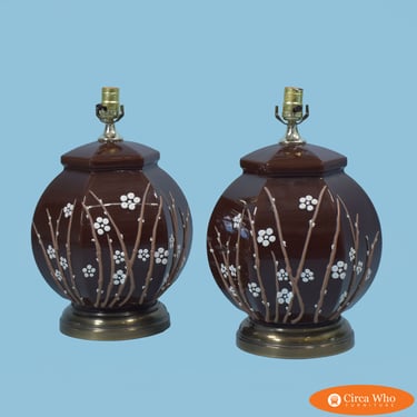 Pair of Pagoda Brown Floral Lamps