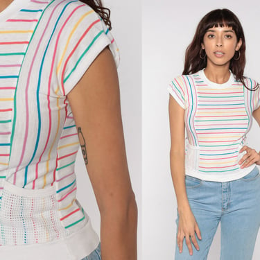 Striped Ringer Tee 80s Rainbow Shirt Cap Sleeve Blouse Mesh Pocket T Shirt Vintage Tshirt Retro Baby Tee 1980s Fitted Basic Extra Small XS 