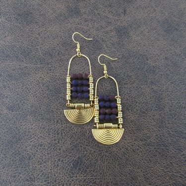 Lava rock chandelier earrings gold and purple 