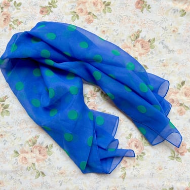 1980's Blue and Lime Green Sheer Polka Dot Scarf 