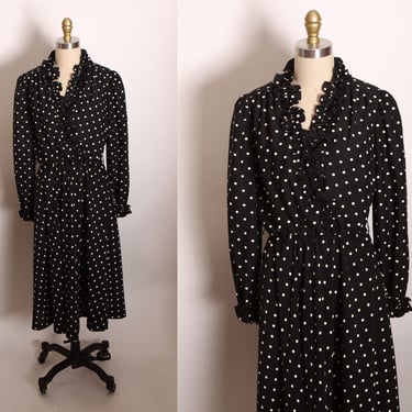 1970s Black and Cream Polka Dot Ruffle Collar V Neck Long Sleeve Dress by Lorac Original -1XL 