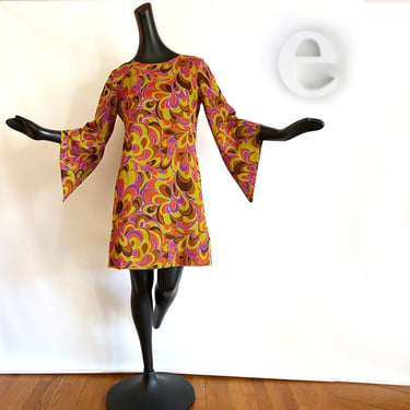 Vintage 60s 70s MOD Mini Dress • Groovy Hippie Boho Twiggy Carnaby Street • Bell Sleeves • Orange | Purple | Brown Psychedelic Swirl Print 