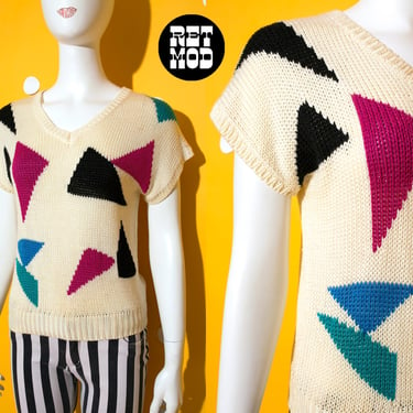 Fab Vintage 80s 90s Cream Colored Knit Sweater Top with Triangles 