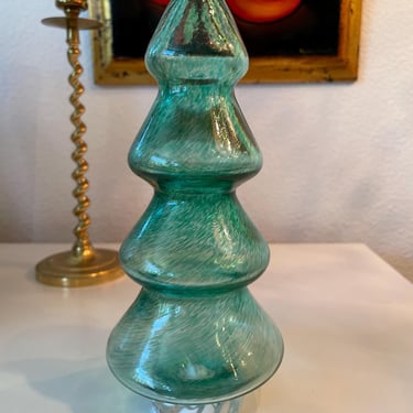 Kosta Boda Green Art Glass Christmas Tree Figurine | Green Glass Tree Sculpute | Handblown Art Glass Decor | Artsit Signed Art Glass 