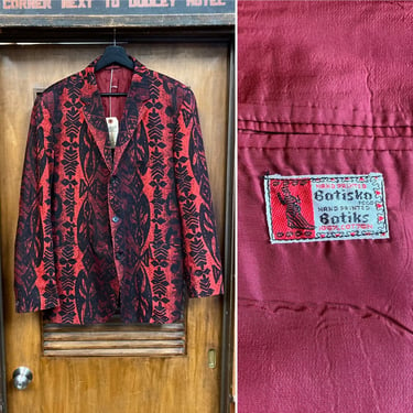 Vintage Size L 1960’s Tiki Batik Cotton Mod U.K. “Sandwich Isles” Style Blazer Sportcoat Jacket, 60’s Vintage Clothing 
