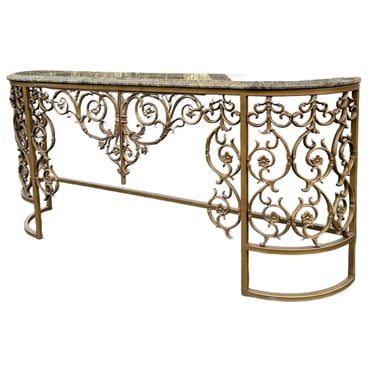 Vintage Wrought Iron Antique Gold Regency Console Table With Granite Top 