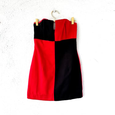 Vintage Harley Quinn Costume Dress 80s Strapless Mini Dress Bold Split Check Red Black Short Dress 