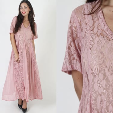 Light Pink See Through Grunge Dress / 90s Mauve Full Skirt Gypsy Outfit / Vintage Romantic Sheer Maxi 